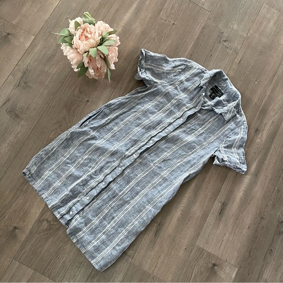 Tahari Costal Blue Striped 100% Linen Button Down Shirtdress - Picture 2 of 5